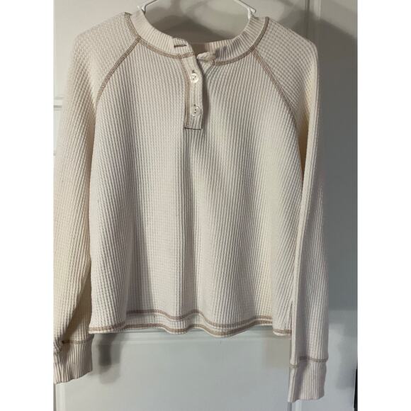 Old Navy Beige W/Brown Stitching Ribbed Longsleeve Cropped Top M - Picture 1 of 6